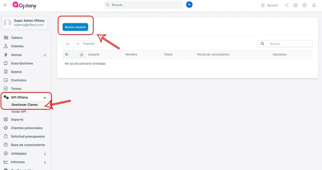 Captura API Ofilany - Gestión de Claves